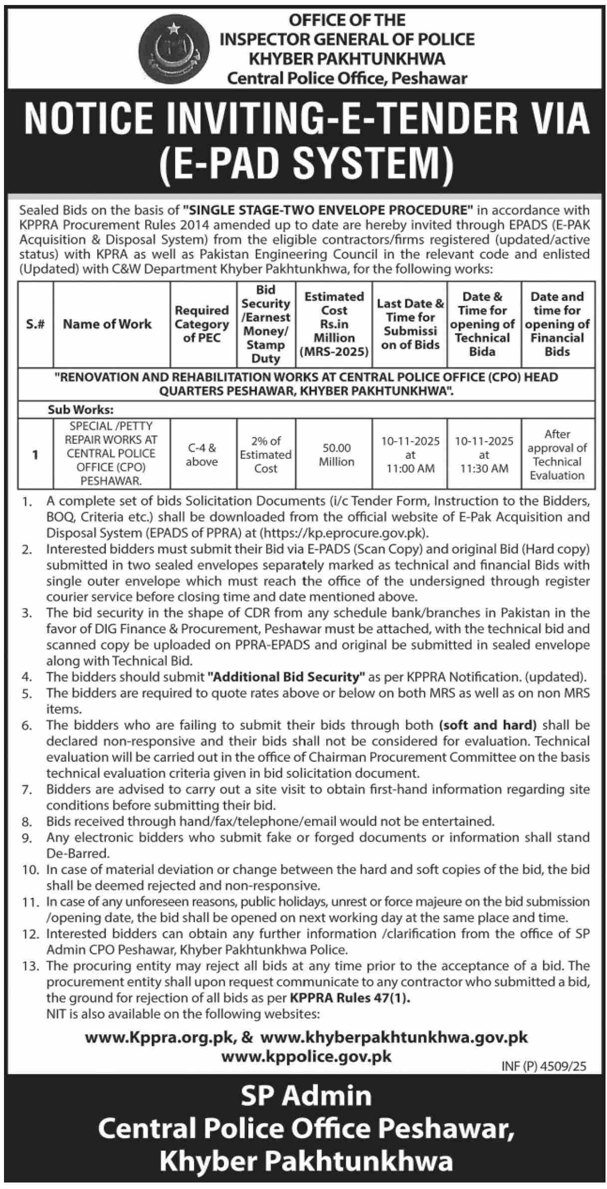 Police Department Peshawar Tender Notice